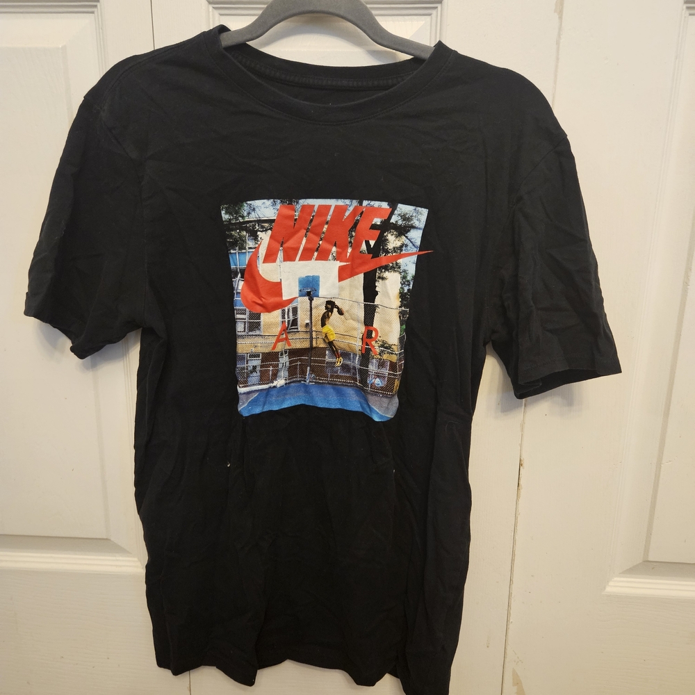 Nike Black Short Sleeve Tee with Red Swoosh and Multicolor Court Graphic